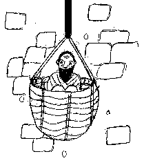 Paul being lowered in a basket